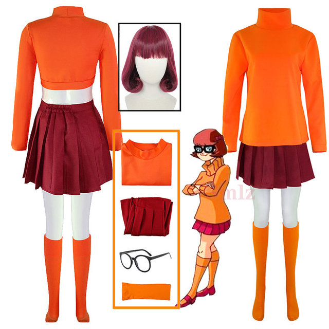 Velma Cosplay Uniform Anime Woman Orange Top Skirt Socks Halloween